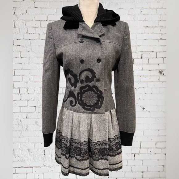 100% Wool Gray Black Lace with Hoodie Pleated Jacket Pea Coat Double Breasted - Picture 2 of 10